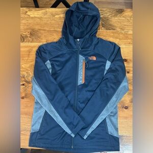 The North Face Dark Blue and Light Gray with Orange accent Jacket with hood.
